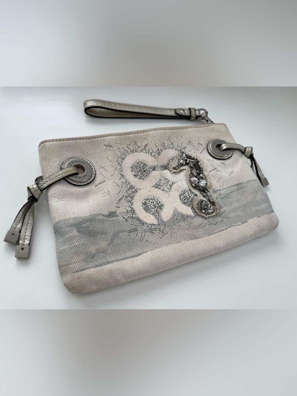 Coach Audrey Seahorse Y2K Canvas Large Wristlet With Beaded & Sequin Embroidery